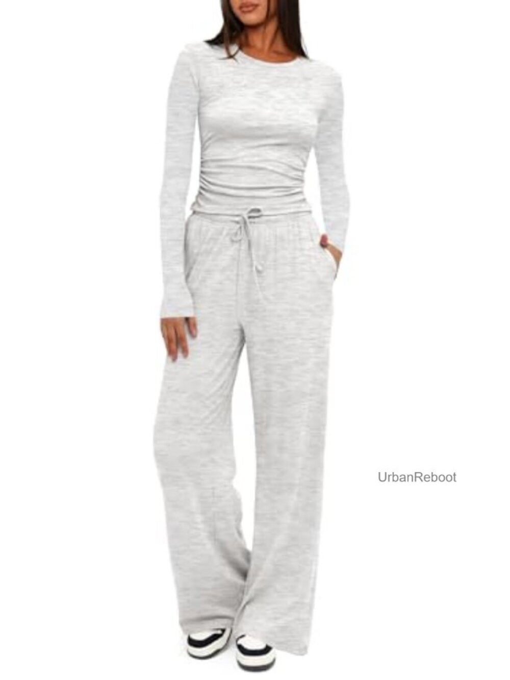 Women's 2 Piece Lounge Set Rayon Spandex Ruched Top Wide Leg Pants WFH Travel